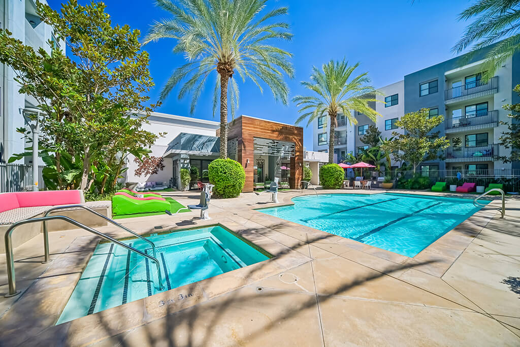 A pool area with a palm tree and a building in the background.